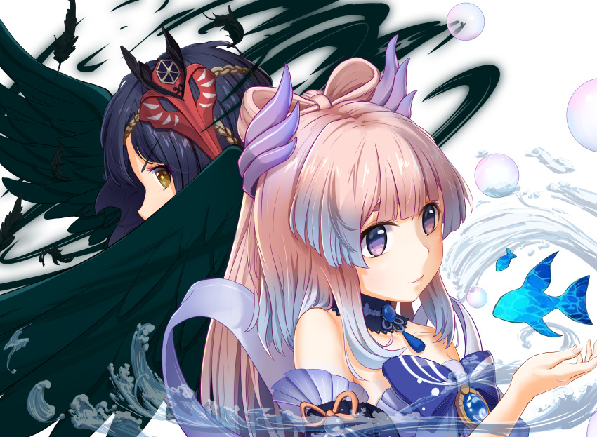 2girls absurdres bangs bare_shoulders black_feathers black_hair black_wings blunt_bangs brown_eyes brown_hair collarbone commentary_request detached_sleeves fish genshin_impact gradient_hair grey_eyes hair_between_eyes hair_ornament highres kujou_sara long_hair looking_at_another looking_away looking_back mask mask_on_head multicolored_hair multiple_girls sangonomiya_kokomi short_hair sidelocks simple_background smile tengu_mask thick_eyebrows usagiko_lvszhx vision_(genshin_impact) water white_background wings