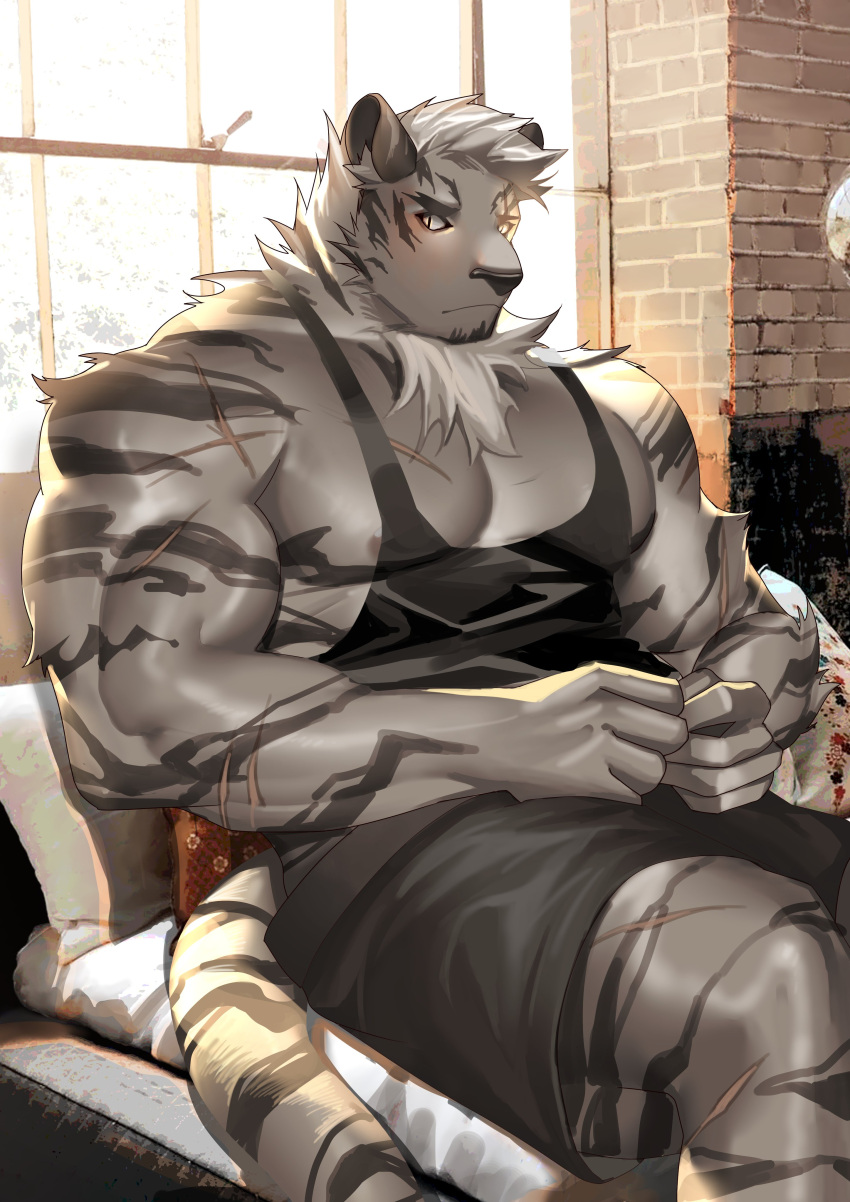 1boy abs absurdres animal_ears arknights arthurtng bara bare_shoulders black_shorts black_tank_top blush fidgeting furry furry_male highres index_fingers_together large_pectorals male_cleavage male_focus mountain_(arknights) muscular muscular_male nipple_slip nipples pectorals scar scar_across_eye scar_on_arm scar_on_chest scar_on_leg short_hair shorts sidepec sitting solo stomach sunlight tank_top tiger_boy tiger_ears white_fur white_hair window