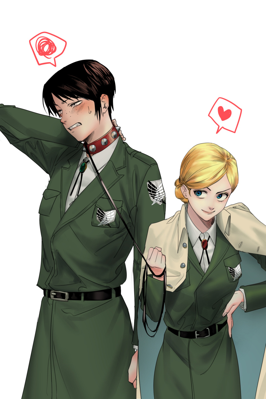 2girls absurdres blonde_hair blue_eyes blush brown_hair christa_renz closed_mouth collar commentary_request eyebrows_behind_hair freckles heart highres looking_to_the_side multiple_girls parted_lips rucola_256 shingeki_no_kyojin short_hair simple_background spiked_collar spikes spoken_heart spoken_squiggle squiggle sweatdrop teeth white_background ymir_(shingeki_no_kyojin) yuri