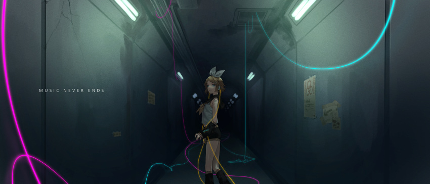1girl absurdres biohazard_symbol black_legwear black_shorts blonde_hair blue_eyes bow commentary detached_sleeves from_side grey_shirt hallway headphones highres kagamine_rin long_sleeves looking_at_viewer looking_to_the_side neckerchief reiga_(act000) shirt short_hair short_shorts shorts socks solo symbol-only_commentary vocaloid white_bow yellow_neckwear