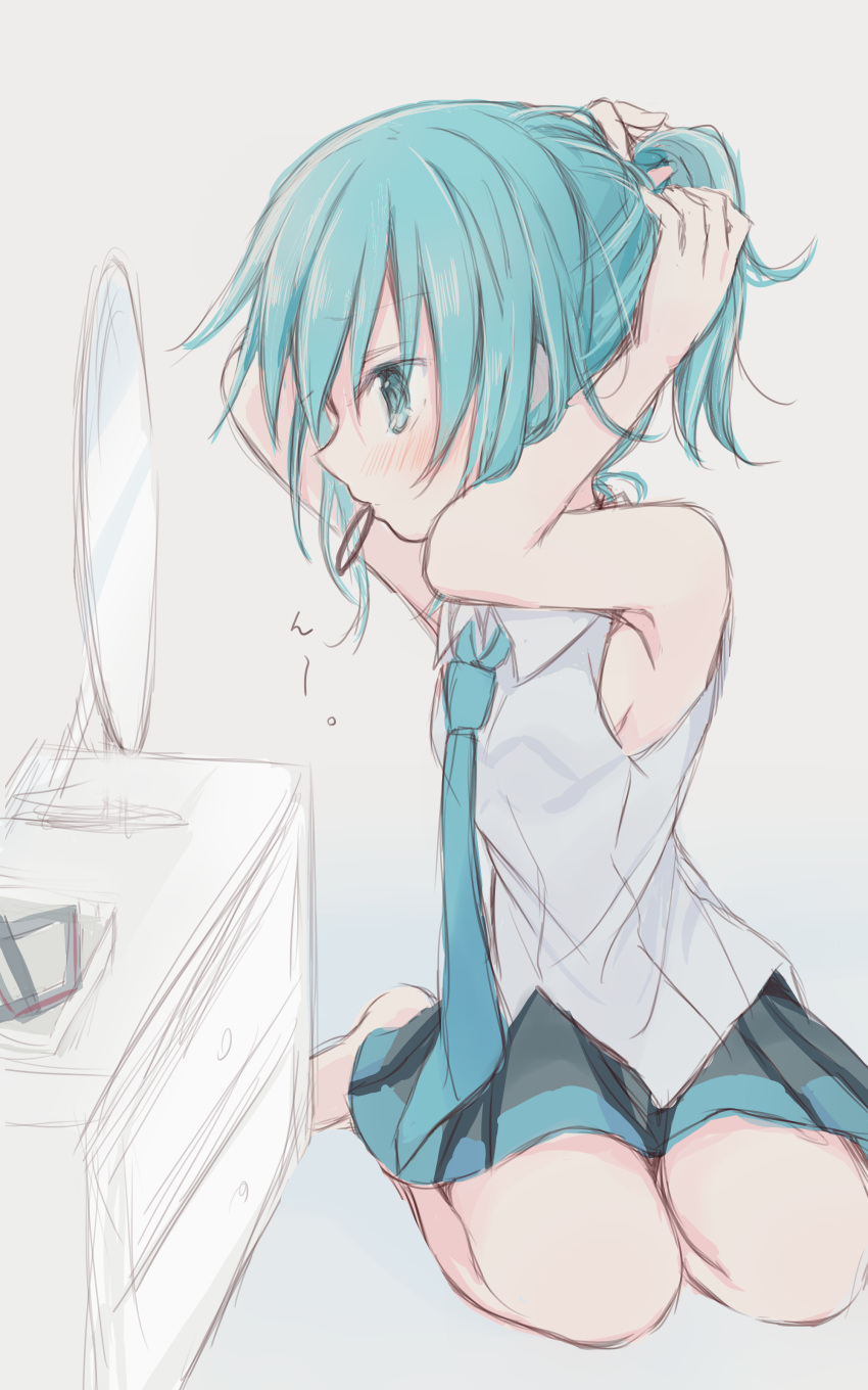 1girl absurdres alternate_hair_length alternate_hairstyle aqua_eyes aqua_hair aqua_neckwear bare_shoulders black_skirt blush chest_of_drawers from_side grey_background grey_shirt hair_tie hair_tie_in_mouth hands_in_hair hands_up hatsune_miku highres hitode looking_at_mirror looking_to_the_side miniskirt mirror mouth_hold necktie pleated_skirt ponytail seiza shirt sitting skirt sleeveless sleeveless_shirt solo translated tying_hair vocaloid