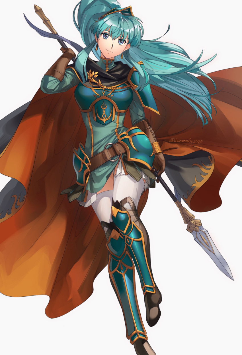 1girl a_(user_vtsy8742) alternate_hairstyle armor blue_eyes blue_hair breastplate breasts brown_footwear brown_gloves earrings eirika_(fire_emblem) fire_emblem fire_emblem:_the_sacred_stones fire_emblem_heroes gloves greaves hair_between_eyes highres hip_armor holding holding_polearm holding_spear holding_weapon jewelry leg_armor long_hair looking_at_viewer official_alternate_costume polearm ponytail simple_background solo spear thighhighs two-tone_cape weapon white_background white_legwear zettai_ryouiki