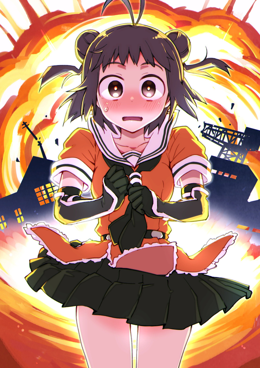 1girl absurdres antenna_hair black_gloves blush brown_eyes brown_hair double_bun elbow_gloves explosion gloves highres kantai_collection kou1 miniskirt naka_(kancolle) pleated_skirt raised_eyebrows school_uniform serafuku skirt solo sweatdrop