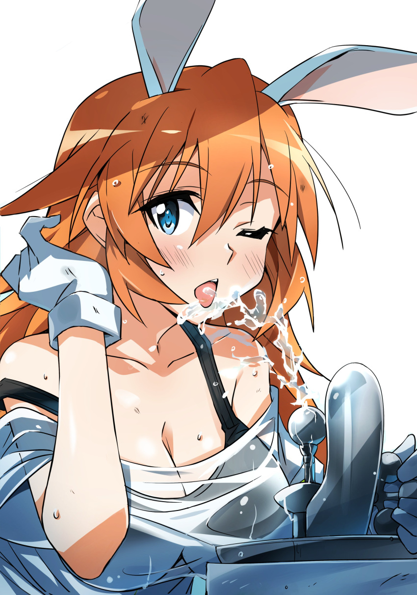1girl 501st_joint_fighter_wing absurdres animal_ears black_bra blue_eyes bra bunny charlotte_e._yeager drinking drinking_fountain fountain gloves hand_in_hair highres liberion looking_at_viewer orange_hair rabbit_ears shirt solo strike_witches tokiani underwear water wet wet_clothes wet_shirt white_background white_gloves white_shirt world_witches_series