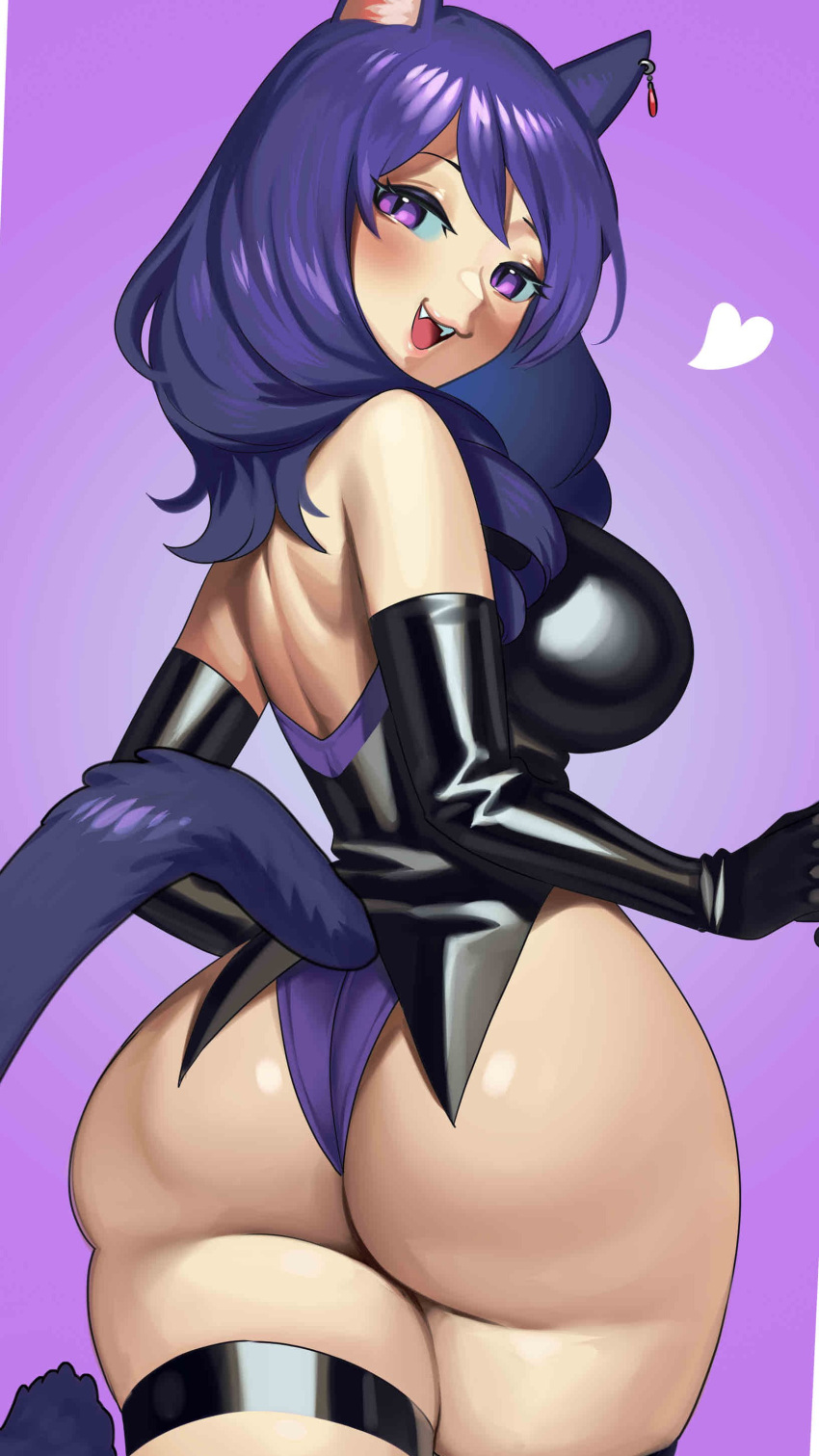 1girl absurdres animal_ears ass black_leotard blush breasts cat_ears cat_tail commission cowboy_shot fangs from_behind highres large_breasts leotard long_hair looking_at_viewer looking_back multicolored_leotard nia_(nia4294) open_mouth original purple_eyes purple_hair purple_leotard shiny shiny_hair shiny_skin skindentation solo standing tail thigh_strap