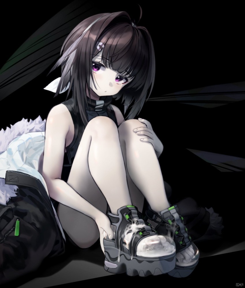 1girl ahoge arknights artist_logo bare_legs black_background black_footwear black_hair black_jacket black_shirt black_shorts blush closed_mouth commentary cross-laced_footwear cum cum_bubble cum_in_clothes cum_in_footwear cum_on_clothes cum_on_feet eyebrows_visible_through_hair feather_hair_ornament feathers feet full_body fur-trimmed_jacket fur_trim hair_ornament hairclip head_tilt highres jacket jacket_removed knees_to_chest la_pluma_(arknights) legs_together looking_at_viewer mixed-language_commentary pale_skin petite platform_footwear purple_eyes see-through shirt shoes short_hair short_shorts shorts simple_background sitting sleeveless sleeveless_shirt solo songchuan_li thighs toes transparent_footwear turtleneck