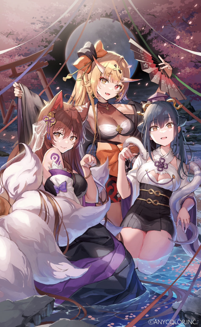 3girls ahoge animal_ears bare_shoulders black_hair blonde_hair brown_hair cherry_blossoms cleavage_cutout clothing_cutout fox_ears fumi_(nijisanji) hair_ornament hair_ribbon hand_fan hat heterochromia highres horns hoshikawa_sara japanese_clothes long_hair looking_at_viewer moon multiple_girls nijisanji official_art okuma_mai oni_horns ribbon see-through skirt snake submerged thighs tokin_hat virtual_youtuber water wide_sleeves x_hair_ornament yamagami_karuta