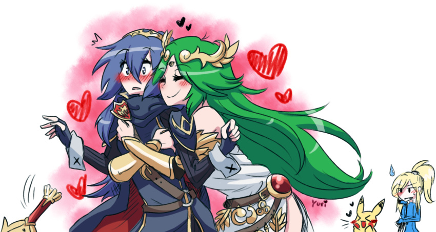 &gt;_&lt; 3girls artist_name bare_shoulders beads blonde_hair blue_eyes blue_hair blush blush_stickers creatures_(company) crossover eyes_closed fire_emblem fire_emblem:_kakusei game_freak gen_1_pokemon graphite_(medium) green_hair hair_beads hair_ornament heart hug hug_from_behind kid_icarus long_hair looking_at_another lucina mahoxyshoujo multiple_girls nintendo palutena pikachu pokemon pokemon_(creature) ponytail samus_aran super_smash_bros. sweatdrop sword tiara traditional_media upper_body very_long_hair weapon white_background yuri zero_suit