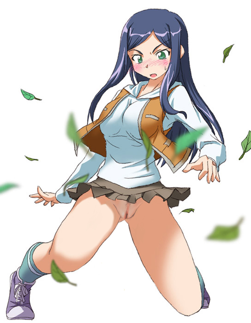 black_hair blush censored green_eyes highres kuga_natsuki leaf long_hair long_sleeves matatabi_(2ccp) mosaic_censoring my-hime no_panties open_mouth pubic_hair pussy resized school_uniform simple_background solo third-party_edit