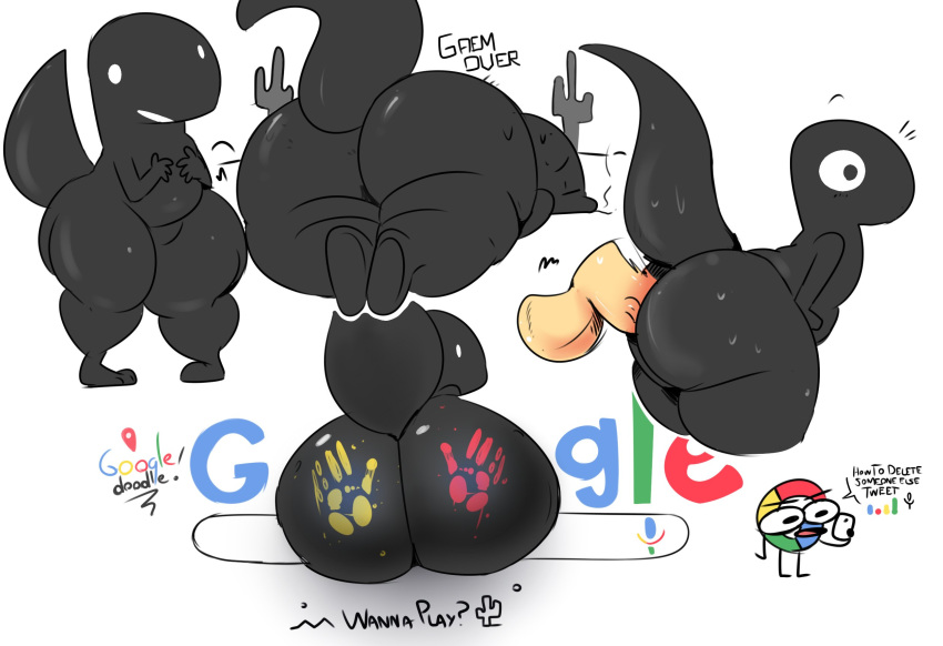 ambiguous_gender anthro anthrofied balls big_butt butt cactus dinosaur dinosaur_(google_chrome) disembodied_penis duo elchilenito english_text google handprint huge_butt human human_on_anthro interspecies male male/ambiguous male_on_anthro mammal multiple_images penetration penis reptile scalie sex solo text theropod thick_thighs