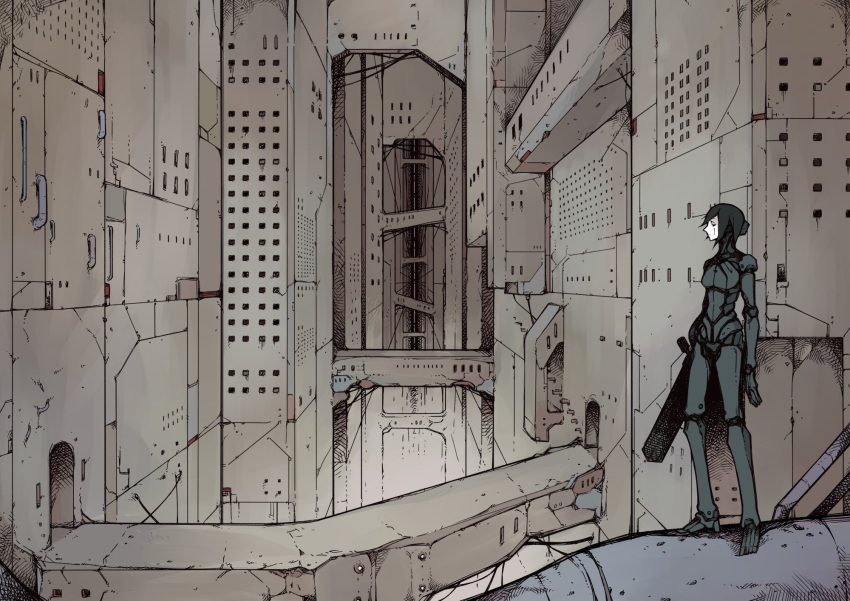 1girl black_hair blame! building commentary dated_commentary full_body graviton_beam_emitter highres industrial_pipe joints mackle megastructure robot robot_joints safeguard_(blame!) sanakan science_fiction short_hair solo standing