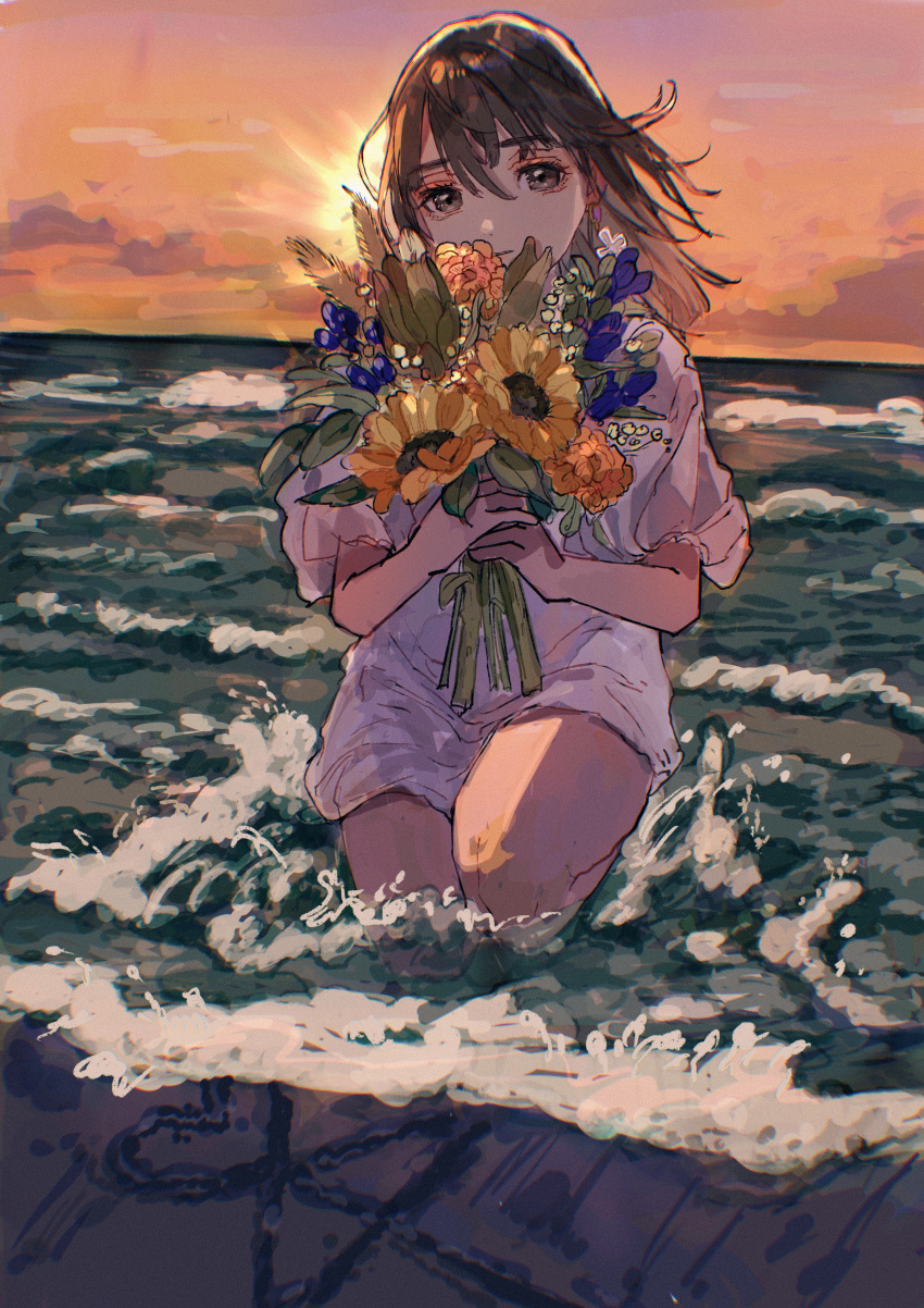 1girl absurdres ai_ai_gasa backlighting beach brown_eyes brown_hair cloud dress earrings evening eyebrows_visible_through_hair heart highres in_water jewelry kneeling looking_at_viewer ocean original parted_lips qooo003 sad sand short_hair sketch sky sun sundress sunset