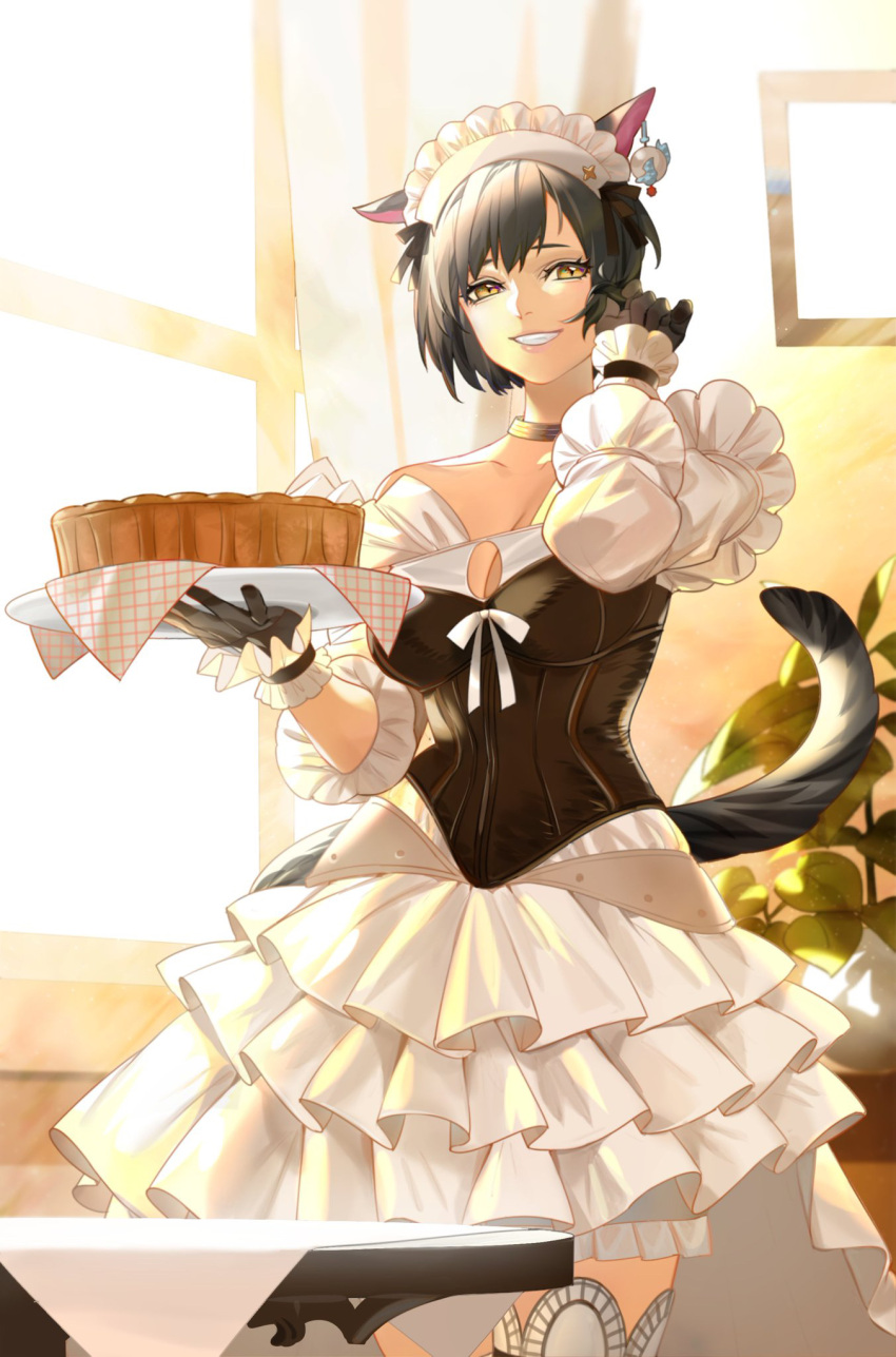 1girl animal_ears asymmetrical_bangs bangs bare_shoulders bell black_gloves black_hair bodice breasts cat_ears cat_girl cat_tail choker cleavage collarbone commentary commission cowboy_shot curtains day dress eyelashes final_fantasy final_fantasy_xiv food frills gloves grin hair_twirling hand_up highres holding holding_plate holding_tray indoors jingle_bell large_breasts long_sleeves looking_at_viewer maid maid_headdress miqo'te plant plate pleated_dress puffy_sleeves shiny shiny_clothes shiny_hair short_hair sidelighting skeb_commission slit_pupils smile solo table tail tail_raised teeth thighhighs tray tsurime twilight uyuyuun white_dress white_headdress white_legwear window yellow_eyes