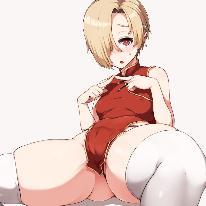 1girl aki_(sangetusei) ass blonde_hair breasts cameltoe china_dress chinese_clothes covered_nipples dress ear_piercing hair_over_one_eye highres idolmaster idolmaster_cinderella_girls long_bangs looking_at_viewer microdress pelvic_curtain piercing red_eyes shiny shiny_hair shiny_skin shirasaka_koume short_dress short_hair small_breasts solo spread_legs thick_thighs thighhighs thighs thong white_legwear
