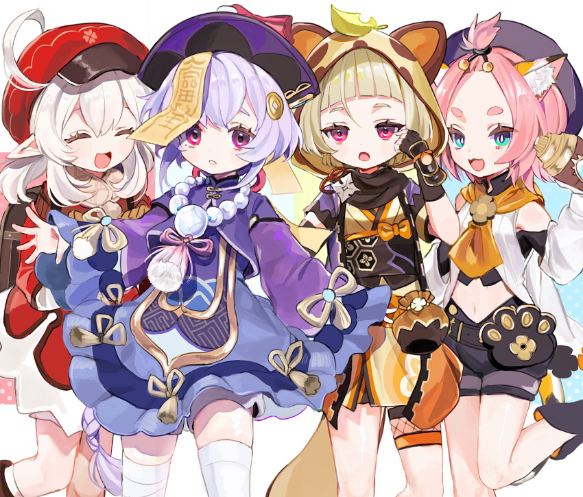 4girls ahoge animal_ears aqua_eyes bag bangs bead_necklace beads blonde_hair blunt_bangs cabbie_hat cat_ears diona_(genshin_impact) dress genshin_impact grey_hair hair_ornament hat highres hood jewelry jiangshi klee_(genshin_impact) midriff multiple_girls navel necklace open_mouth paw_print pink_hair pointy_ears purple_eyes purple_hair qiqi_(genshin_impact) raccoon_ears sayu_(genshin_impact) shorts smile taiho_out thighhighs