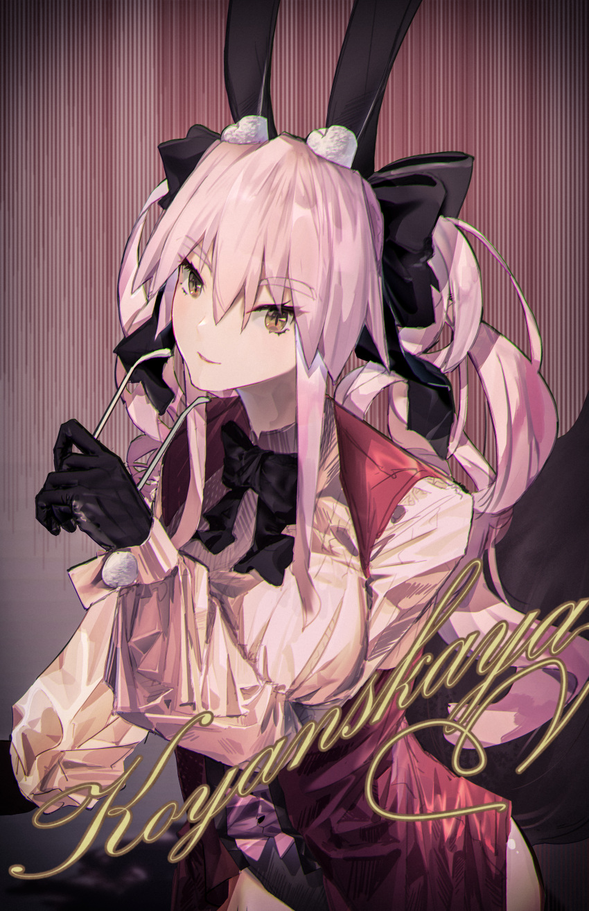 1girl absurdres animal_ear_fluff animal_ears bangs black_bow black_gloves bow breasts character_name collared_shirt corset dress_shirt eyewear_removed fate/grand_order fate_(series) fox_tail glasses gloves hair_between_eyes hair_bow highres huge_filesize koyanskaya_(fate) large_breasts long_hair long_sleeves looking_at_viewer pink_hair rabbit_ears raywallin shirt sidelocks smile solo tail tamamo_(fate) twintails underbust white_shirt yellow_eyes