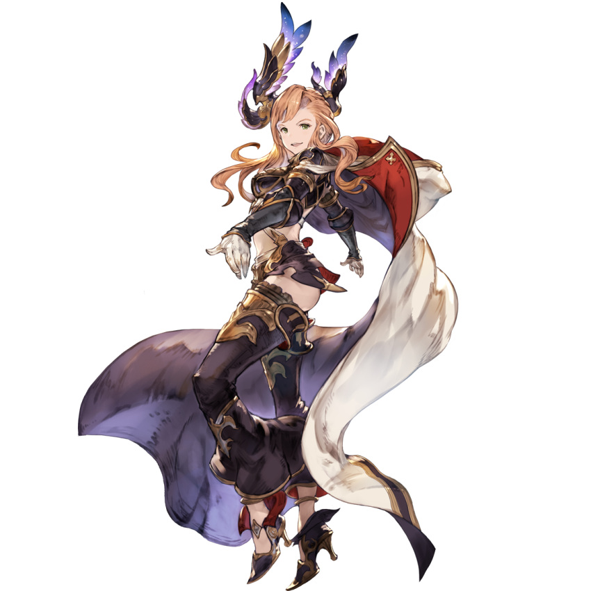 1girl full_body gloves granblue_fantasy hair_ornament high_heels jacket jacket_on_shoulders long_hair midriff navel official_art open_mouth orange_hair solo song_(granblue_fantasy) transparent_background