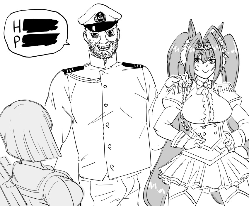 1boy 2girls admiral_(kancolle) animal_ears bb_(baalbuddy) censored_text coomer crossover daiwa_scarlet_(umamusume) english_commentary english_text eyebrows_visible_through_hair greyscale hamakaze_(kancolle) hands_on_hips highres kantai_collection military military_uniform monochrome multiple_girls naval_uniform raised_eyebrow simple_background skirt speech_bubble thighhighs twintails umamusume uniform