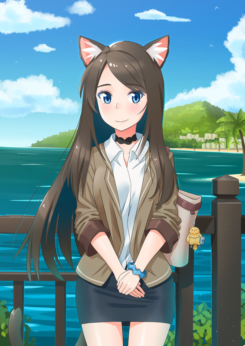 1girl absurdres aina_(mao_lian) animal_ear_fluff animal_ears bag bag_charm black_skirt blue_eyes blue_sky brown_hair brown_jacket cat_ears cat_tail charm_(object) closed_mouth cloud day eyeshadow highres jacket long_hair long_sleeves looking_at_viewer lossy-lossless makeup mao_lian_(nekokao) miniskirt ocean open_clothes open_jacket original outdoors own_hands_together pencil_skirt railing scrunchie shirt shoulder_bag skirt sky smile solo standing tail v_arms white_shirt wrist_scrunchie