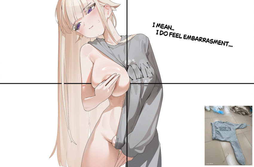 1girl absurdres asymmetrical_clothes autopaizuri autopaizuri_under_clothes blonde_hair blush breasts brooklyn_sweater bulge commentary_request covering_one_breast covering_privates cowboy_shot english_text enid_(tagua) futanari head_tilt highres huge_breasts huge_penis large_breasts long_hair masturbation no_bra no_panties original paizuri penis photo_inset purple_eyes reference_inset simple_background solo tagua testicle_slip very_long_hair white_background