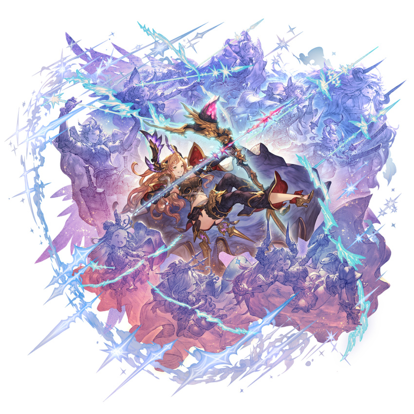 5boys 5girls animal_ears arrow_(projectile) bow_(weapon) breasts cape draph erune esser full_body funf gloves granblue_fantasy hair_ornament high_heels horns jacket jacket_on_shoulders large_breasts long_hair mask_over_one_eye midriff multiple_boys multiple_girls navel nio_(granblue_fantasy) official_art okto open_mouth orange_hair quatre_(granblue_fantasy) sheath sheathed siete six_(granblue_fantasy) song_(granblue_fantasy) sparkle sword teeth thalatha_(granblue_fantasy) transparent_background uno_(granblue_fantasy) weapon