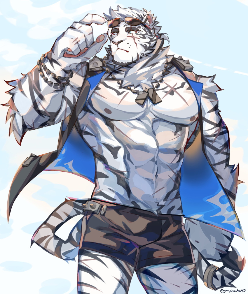 1boy abs alternate_costume animal_ears arknights bara bare_pectorals black_male_swimwear bulge dog_tags eyewear_on_head furry furry_male graysheartart highres large_pectorals male_focus male_swimwear mountain_(arknights) muscular muscular_male navel nipples pectorals scar scar_across_eye scar_on_chest short_hair sky sleeveless solo stomach sunglasses swim_trunks tiger_boy tiger_ears white_fur white_hair