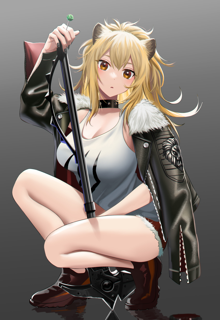 1girl absurdres animal_ears arknights black_choker black_jacket blonde_hair breasts brown_eyes candy choker cleavage collar collarbone cutoffs eyebrows_behind_hair food full_body fur-trimmed_jacket fur-trimmed_shorts fur_trim gou_d gradient gradient_background hammer highres holding holding_candy holding_food holding_lollipop jacket large_breasts lion_ears lion_girl lion_tail lollipop open_mouth ponytail pose red_legwear red_shorts short_shorts shorts siege_(arknights) simple_background sledgehammer solo squatting studded_choker studded_collar tail tank_top war_hammer weapon white_tank_top