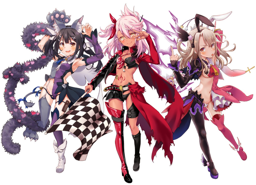 3girls animal_ears animal_hands bell black_hair blonde_hair boots boshi_(a-ieba) cat_paws checkered checkered_flag chloe_von_einzbern dark_skin fate/kaleid_liner_prisma_illya fate_(series) flag frilled_skirt frills garter_straps hair_ornament hair_ribbon hairpin high_heels highres illyasviel_von_einzbern magical_ruby meme_attire middle_finger midriff miyu_edelfelt multiple_girls navel pink_hair prisma_illya prisma_illya_(zwei_form) rabbit_ears reverse_bunnysuit reverse_outfit ribbon skirt tattoo testament_(fate) thigh_boots thighhighs thong tongue