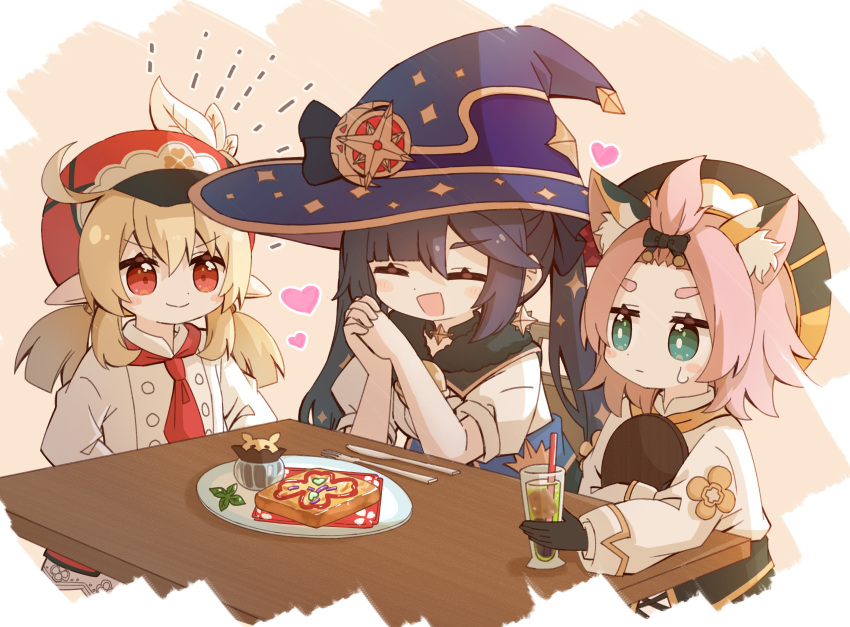 3girls :d ^_^ ^o^ absurdres ahoge animal_ears bangs bangs_pinned_back black_gloves black_hair blush_stickers cabbie_hat cat_ears cat_girl cat_tail chef_uniform choker closed_eyes clover_print commentary_request cup diona_(genshin_impact) drink drinking_glass drinking_straw earrings eyebrows_visible_through_hair fish-flavored_toast food forehead genshin_impact gloves green_eyes hair_between_eyes hair_ornament hands_on_hips hands_together hat heart highres holding jewelry klee_(genshin_impact) light_brown_hair long_hair long_sleeves low_twintails mona_(genshin_impact) multiple_girls official_alternate_costume open_mouth pink_hair plate pointy_ears red_eyes short_hair sidelocks smile sweat tail thick_eyebrows toast tray twintails v-shaped_eyebrows waitress witch_hat yoshinao_(yoshinao_0203)
