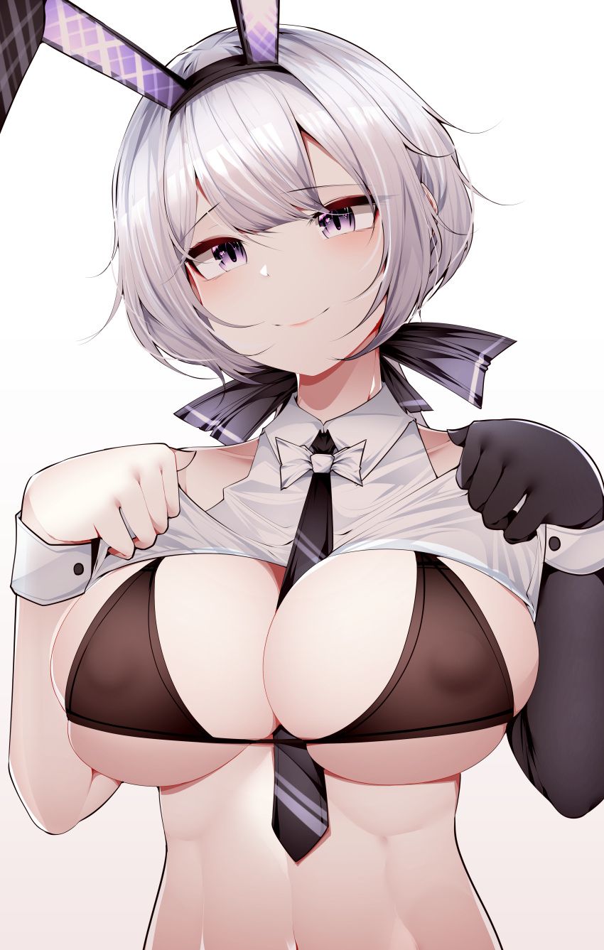 1girl absurdres animal_ears azur_lane bangs bare_shoulders black_bra black_gloves black_neckwear blush bow bowtie bra breasts cleavage clothes_lift collarbone collared_shirt covered_nipples crop_top dated_commentary elbow_gloves eyebrows_visible_through_hair fake_animal_ears gloves grey_hair hair_ribbon head_tilt highres large_breasts looking_at_viewer low_ponytail navel necktie official_alternate_costume playboy_bunny purple_eyes rabbit_ears reno_(azur_lane) reno_(reno_bunnino)_(azur_lane) ribbon samip shirt shirt_lift sidelocks simple_background single_elbow_glove single_glove sleeveless sleeveless_shirt smile solo standing stomach toned underboob underwear upper_body white_background white_neckwear white_shirt wrist_cuffs