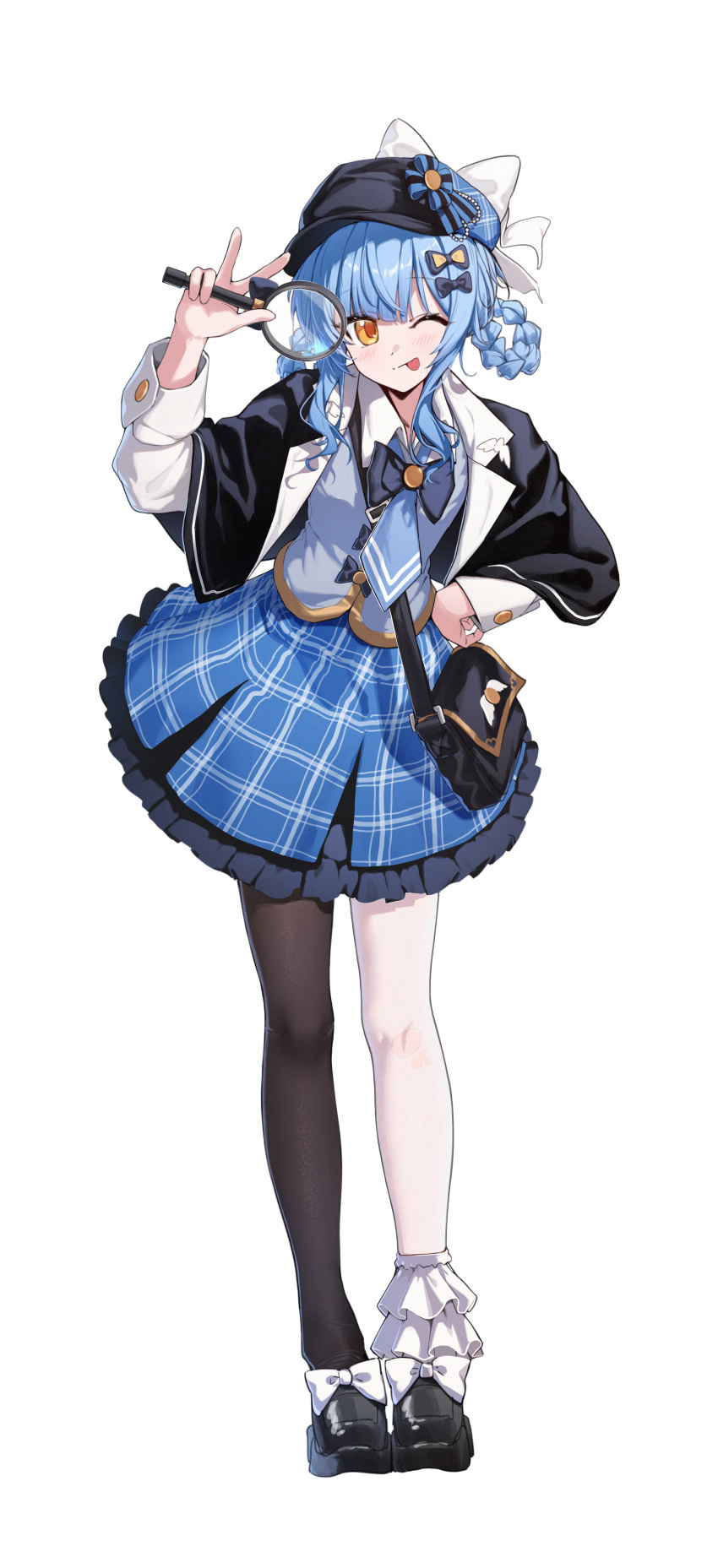 1girl ;p absurdres ankle_socks asymmetrical_legwear black_bag black_bow black_bowtie black_capelet black_hat black_pantyhose black_shoes blue_hair blue_hat blue_necktie blue_overskirt blue_skirt blue_vest blush bow bowtie braid braided_hair_rings brooch buttoned_cuffs buttons capelet chinese_commentary circle_skirt collared_shirt commentary_request crossbody_bag footwear_bow frilled_socks frills full_body hair_bow hair_rings hand_on_own_hip hand_up hat hat_bow highres holding holding_magnifying_glass jewelry lapels looking_at_viewer magnifying_glass mahou_shoujo_no_majo_saiban miniskirt mismatched_legwear necktie newsboy_cap notched_lapels one_eye_closed orange_eyes pantyhose plaid_clothes plaid_hat plaid_skirt shirt shoes shoulder_strap simple_background single_bare_leg single_leg_pantyhose skirt sleeve_cuffs socks solo standing surgeon_cuffs tachi-e tachibana_sherry tongue tongue_out two-tone_hat uneven_legwear vest w white_background white_bow white_shirt white_socks wing_collar xintianou
