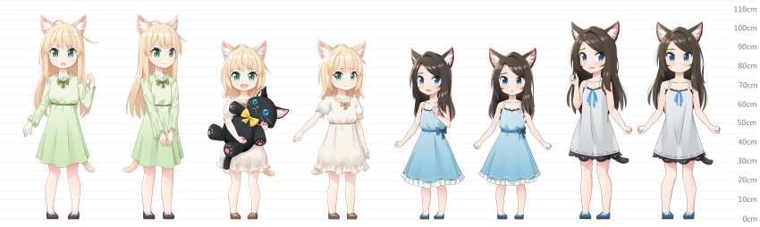 2girls :d :o absurdres age_progression aina_(mao_lian) animal_ear_fluff animal_ears bare_arms bare_shoulders blonde_hair blue_bow blue_dress blue_eyes blue_footwear blue_ribbon blush bow bowtie brown_footwear brown_hair cat_ears cat_tail child closed_mouth dot_nose dress fang green_dress green_eyes green_neckwear grey_dress hand_up height_chart highres holding holding_stuffed_toy incredibly_absurdres long_hair looking_at_viewer mao_lian_(nekokao) medium_hair multiple_girls multiple_views open_mouth orange_bow orange_neckwear original parted_lips pigeon-toed puffy_short_sleeves puffy_sleeves ribbon see-through_silhouette shoes short_sleeves smile stuffed_animal stuffed_cat stuffed_toy sundress tail