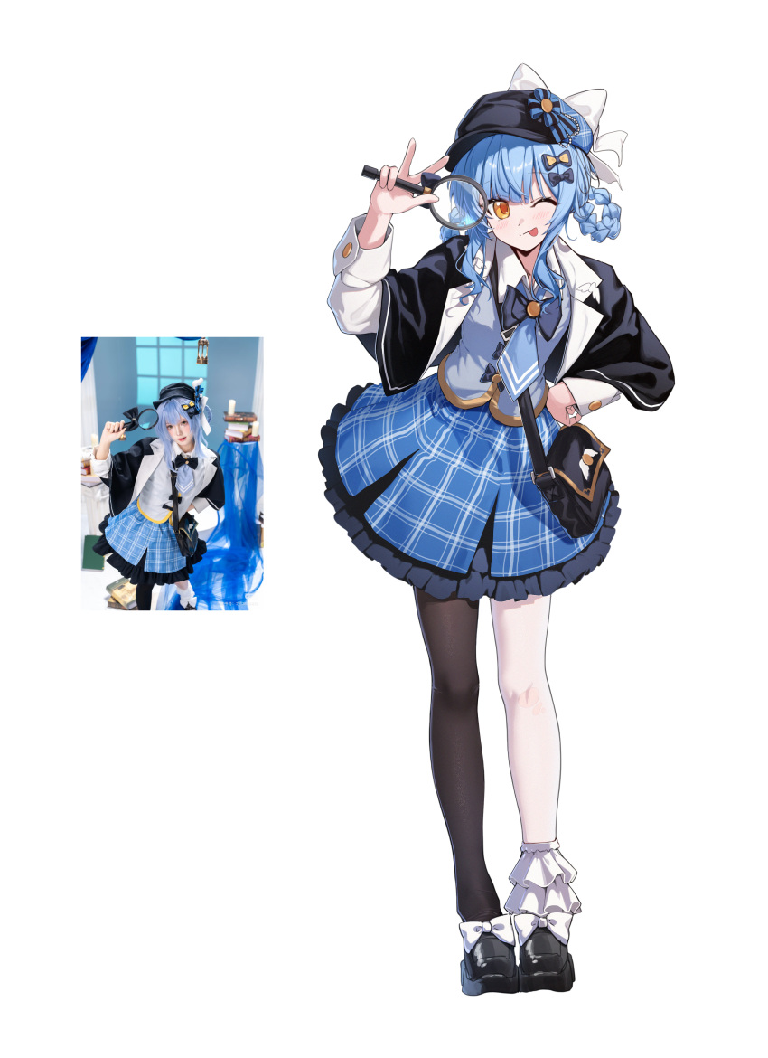 1girl ;p absurdres ankle_socks asymmetrical_legwear black_bag black_bow black_bowtie black_capelet black_hat black_pantyhose black_shoes blue_hair blue_hat blue_necktie blue_overskirt blue_skirt blue_vest blush bow bowtie braid braided_hair_rings brooch buttoned_cuffs buttons capelet chinese_commentary circle_skirt collared_shirt commentary_request crossbody_bag footwear_bow frilled_socks frills full_body hair_bow hair_rings hand_on_own_hip hand_up hat hat_bow highres holding holding_magnifying_glass jewelry lapels looking_at_viewer magnifying_glass mahou_shoujo_no_majo_saiban miniskirt mismatched_legwear necktie newsboy_cap notched_lapels one_eye_closed orange_eyes pantyhose photo-referenced photo_inset plaid_clothes plaid_hat plaid_skirt reference_inset shirt shoes shoulder_strap simple_background single_bare_leg single_leg_pantyhose skirt socks solo standing surgeon_cuffs tachibana_sherry tongue tongue_out two-tone_hat uneven_legwear vest w white_background white_bow white_shirt white_socks wing_collar xintianou