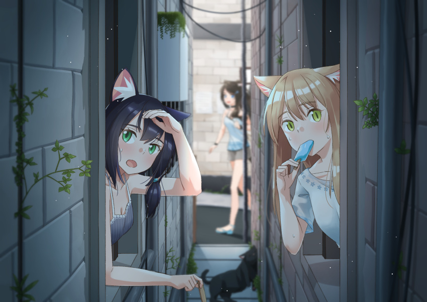 3girls absurdres aina_(mao_lian) alley animal_ear_fluff animal_ears bare_arms black_cat black_hair blonde_hair blue_eyes blue_shirt blurry blurry_background breasts brown_hair cat cat_ears cleavage depth_of_field food grass green_eyes hand_up highres holding long_hair mao_lian_(nekokao) multiple_girls open_mouth original popsicle shirt short_sleeves slit_pupils smile sweat