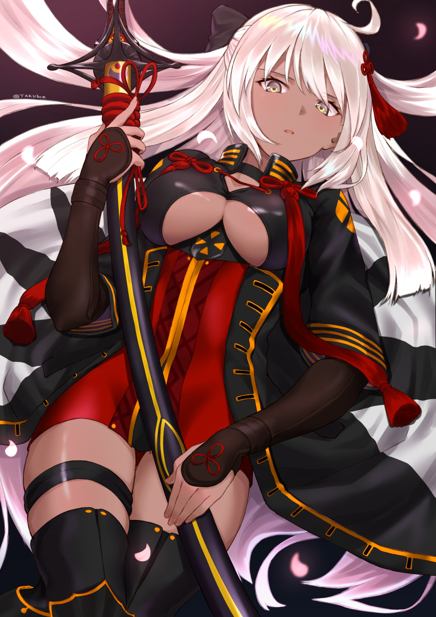 1girl absurdres ahoge bangs black_legwear breasts cleavage dark-skinned_female dark_skin elbow_gloves eyebrows_visible_through_hair fate/grand_order fate_(series) fingerless_gloves gloves hair_between_eyes hairband highres holding holding_weapon japanese_clothes katana large_breasts leg_belt long_hair looking_at_viewer lying okita_souji_(alter)_(fate) okita_souji_(fate)_(all) petals ribbon silver_hair sword takubon thighhighs underboob very_long_hair weapon yellow_eyes