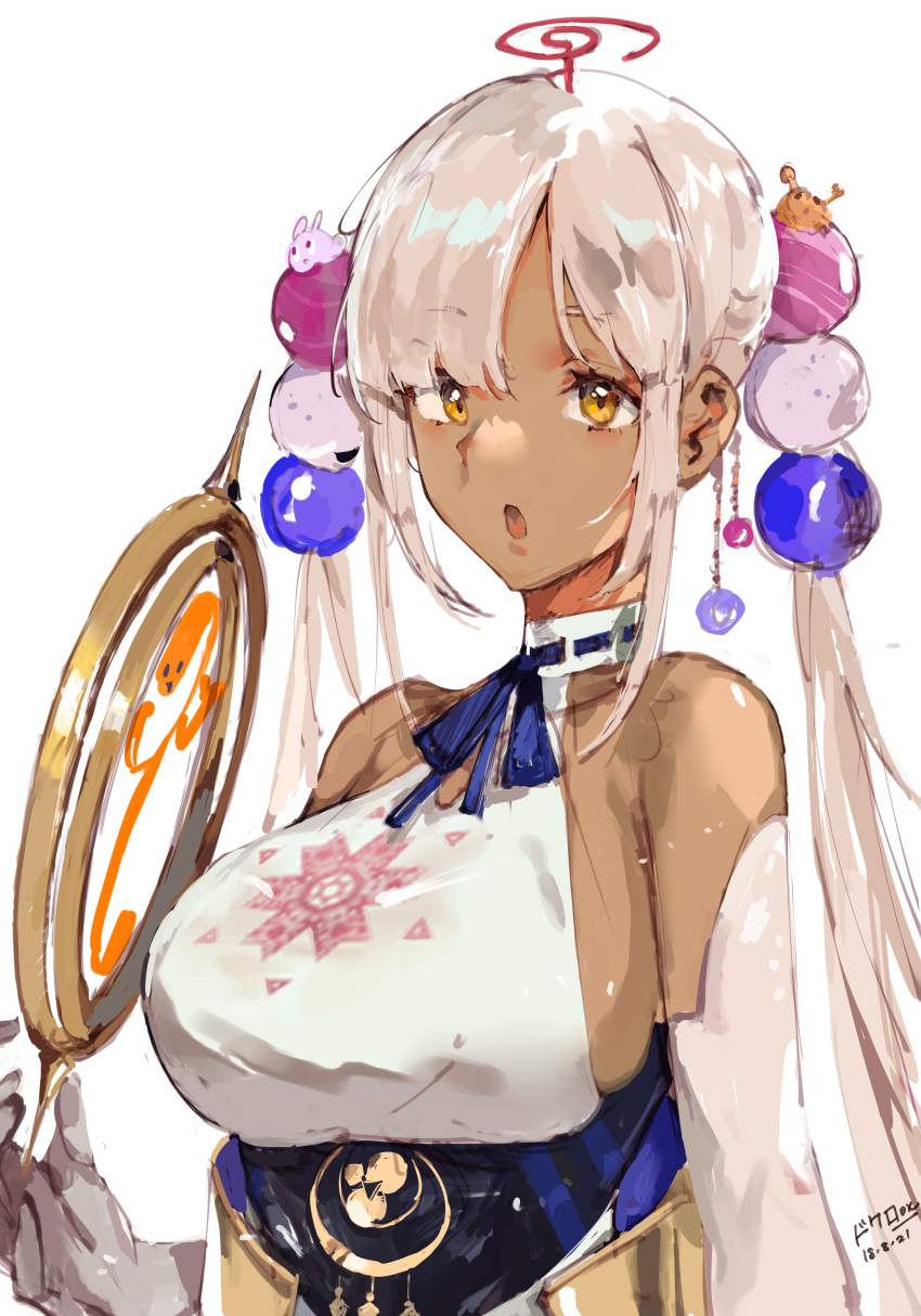 1girl :o absurdres bangs blonde_hair breasts brown_eyes dark-skinned_female dark_skin dokuro_deluxe dress gloves grey_gloves hair_behind_ear halterneck highres hololive hololive_english large_breasts long_hair open_hand open_mouth sideboob solo tsukumo_sana twintails upper_body virtual_youtuber white_dress