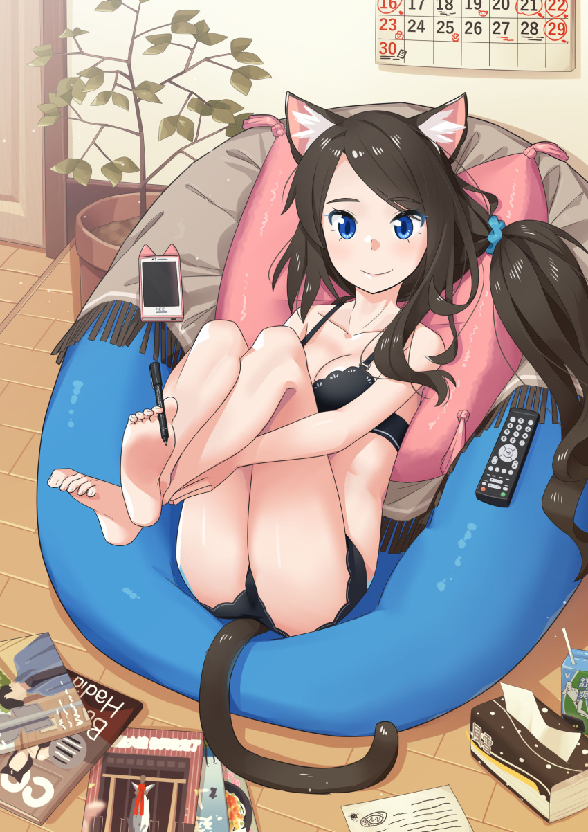 1girl absurdres aina_(mao_lian) animal_ear_fluff animal_ears ass barefoot bean_bag_chair between_toes black_bra black_hair black_panties blanket blue_eyes bra breasts calendar_(object) cat_ears cat_tail cellphone cleavage controller feet foot_hold highres hugging_own_legs knees_up legs legs_up lingerie long_hair lying magazine mao_lian_(nekokao) on_back original panties pen phone pillow plant potted_plant remote_control scrunchie side_ponytail smartphone smile soles solo tail tissue tissue_box toes underwear underwear_only