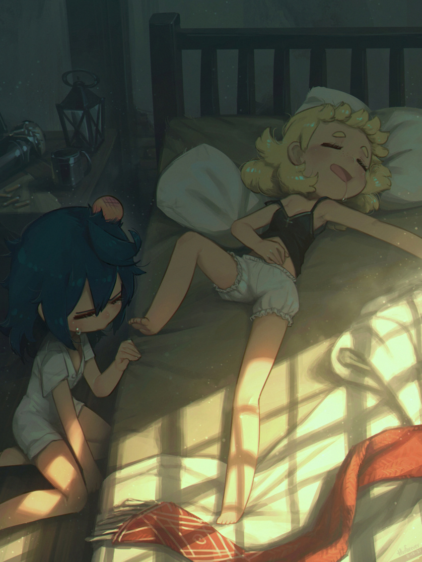 2girls absurdres bangs black_camisole blonde_hair bloomers blue_hair camisole closed_eyes commentary cressey_(porforever) cup drooling english_commentary freckles hand_on_own_stomach head_bump highres indoors lantern lying multiple_girls on_back on_bed open_mouth original pillow porforever short_hair short_sleeves sleeping strap_slip sweatdrop underwear underwear_only