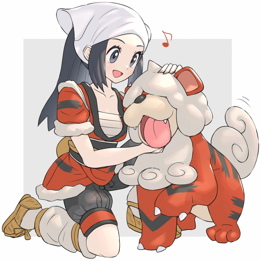 1girl :d akari_(pokemon) black_hair brown_footwear collarbone commentary_request eyelashes gonzarez grey_eyes head_scarf highres hisuian_form hisuian_growlithe kneeling long_hair looking_down loose_socks musical_note open_mouth petting pokemon pokemon_(creature) pokemon_(game) pokemon_legends:_arceus ponytail sash shoes short_sleeves shorts sidelocks smile tongue white_headwear white_legwear