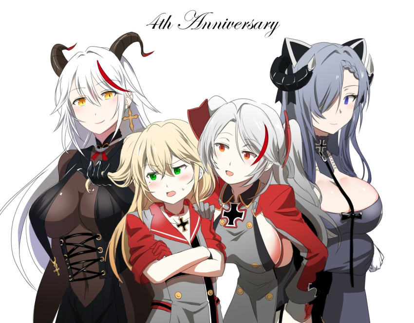 4girls admiral_hipper_(azur_lane) aegir_(azur_lane) anniversary august_von_parseval_(azur_lane) azur_lane breasts choker cleavage cross cross_earrings crossed_arms earrings grey_eyes hair_over_one_eye hand_on_another's_shoulder headgear height_difference horns iron_cross jewelry large_breasts looking_at_another looking_away multicolored_hair multiple_girls prinz_eugen_(azur_lane) sideboob silver_hair steed_(steed_enterprise) streaked_hair two-tone_hair two_side_up white_background white_hair