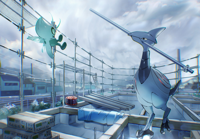 black_eyes box brick building celebi chromatic_aberration cloud commentary_request flying gen_2_pokemon highres mouth_hold mythical_pokemon no_humans outdoors pokemon pokemon_(creature) scaffolding skarmory standing tachiide talons window