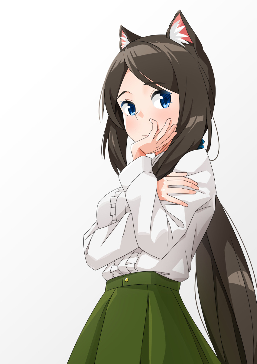 1girl absurdres aina_(mao_lian) animal_ear_fluff animal_ears blue_eyes blush brown_hair cat_ears cat_tail closed_mouth green_skirt hand_on_own_face highres long_hair long_sleeves looking_at_viewer mao_lian_(nekokao) original ponytail shirt simple_background skirt smile solo tail very_long_hair white_background white_shirt