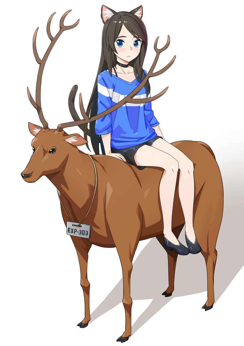 1girl absurdres aina_(mao_lian) animal_ear_fluff animal_ears black_choker black_footwear black_shorts blue_eyes blue_shirt brown_hair cat_ears cat_tail choker closed_mouth deer grey_background highres long_hair looking_at_viewer mao_lian_(nekokao) original shirt shoes short_shorts shorts sidesaddle sign sign_around_neck simple_background sitting smile solo tail