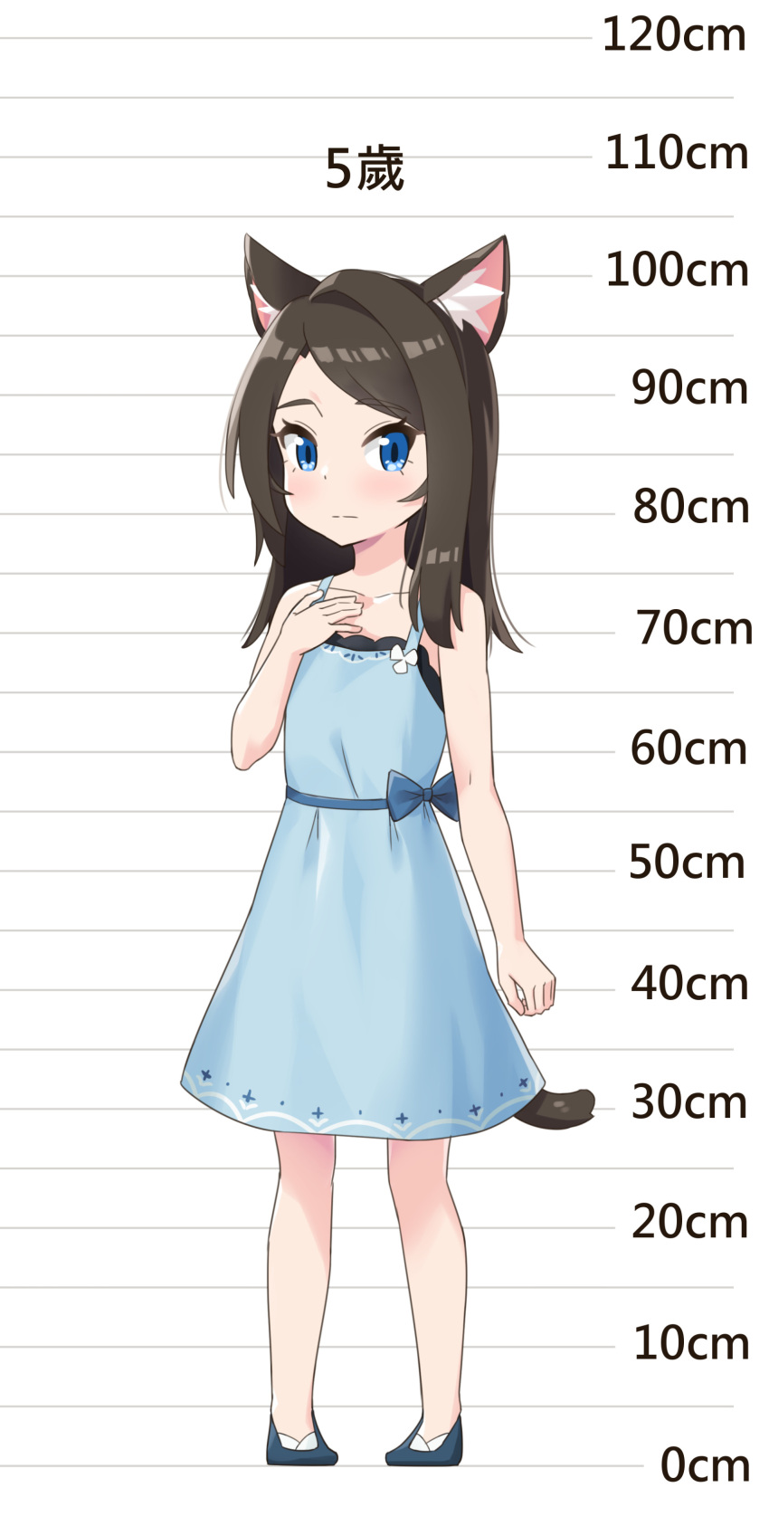 1girl absurdres aina_(mao_lian) animal_ear_fluff animal_ears bare_shoulders blue_dress blue_eyes blue_footwear blush brown_hair cat_ears cat_tail character_age closed_mouth commentary dot_nose dress hand_on_own_chest height_chart highres long_hair mao_lian_(nekokao) original pigeon-toed shoes smile solo standing tail translated