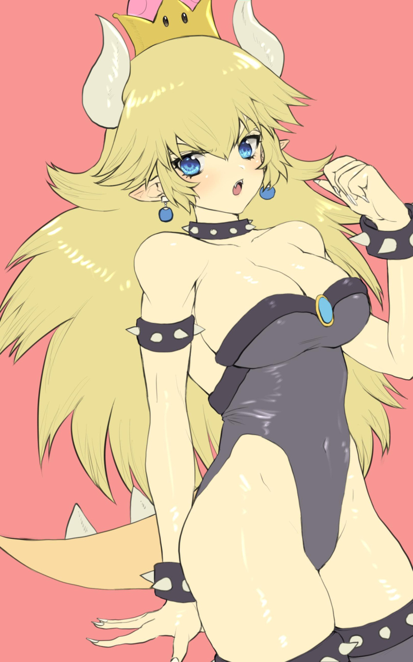 1girl absurdres bare_shoulders black_collar black_leotard blonde_hair blue_eyes bowsette bracelet breasts cleavage collar crown earrings fingernails highres horns jewelry large_breasts leotard long_hair looking_at_viewer mario_(series) murata_tefu new_super_mario_bros._u_deluxe open_mouth pointy_ears ponytail sharp_fingernails sharp_teeth solo spiked_armlet spiked_bracelet spiked_collar spiked_shell spiked_tail spikes strapless strapless_leotard super_crown tail teeth thighhighs turtle_shell