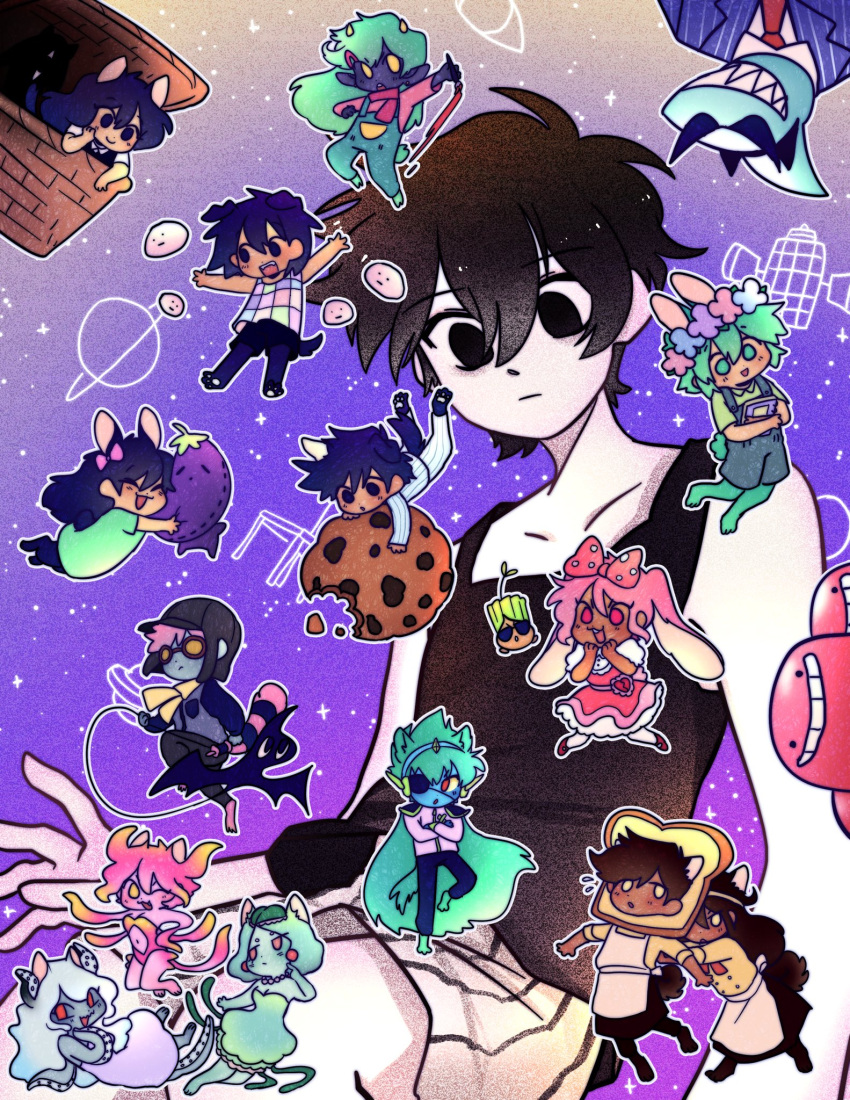 1other 6+boys 6+girls animal_ears apron aubrey_(omori) bangs basil_(omori) black_eyes black_hair black_shirt black_skirt blue_overalls blue_skin bow bowen_(omori) bread breasts captain_spaceboy cat_ears cat_tail chibi colored_sclera colored_skin commentary cookie daphne_(omori) dark_skin dress earrings empty_eyes english_commentary eyepatch food glasses green_dress green_eyes green_hair green_skin hair_bow hairband head_wreath hero_(omori) highres holding holding_paintbrush horns humphrey_(omori) jellyfish_girl jewelry kel_(omori) kemonomimi_mode kite kite_kid_(omori) leotard long_hair mari_(omori) marina_(omori) medusa_(omori) molly_(omori) monster_girl mr._jawsum multiple_boys multiple_girls navel omori omori_(omori) paintbrush pink_bow pink_dress pink_hair pink_leotard pink_skin polka_dot polka_dot_bow ppomella purple_skin rabbit_ears rabbit_tail red_eyes rococo_(omori) shirt skirt sleeveless sleeveless_shirt sprout_mole_(omori) stuffed_eggplant sweetheart_(omori) tail tentacles very_long_hair white_apron white_dress white_skin yellow_eyes yellow_sclera yellow_shirt