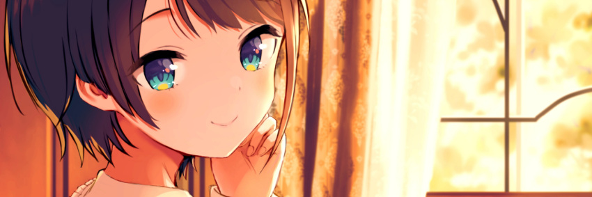 1girl adjusting_hair bangs blue_eyes blurry blurry_background brown_hair close-up closed_mouth curtains dusk hand_on_own_face harutari hololive light_blush looking_at_viewer looking_back oozora_subaru raised_eyebrows shirt short_hair smile solo twitter_banner white_shirt window