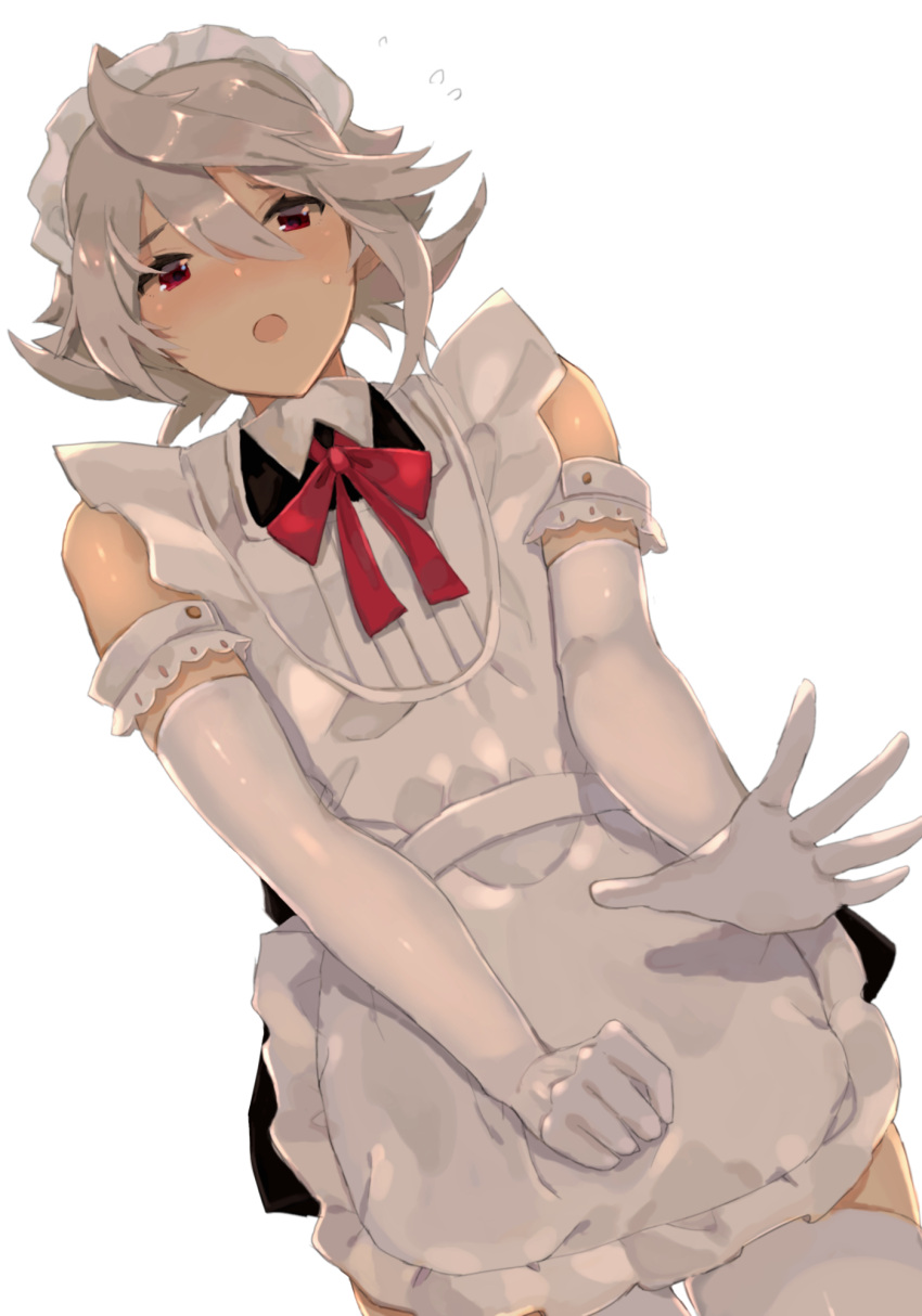 1boy apron armband blonde_hair blush commentary_request corrin_(fire_emblem) corrin_(fire_emblem)_(male) crossdressing elbow_gloves embarrassed fire_emblem fire_emblem_fates from_below gloves highres looking_at_viewer maid_headdress male_focus otoko_no_ko outstretched_arm pointy_ears red_eyes solo w_(1999_kyu) white_background