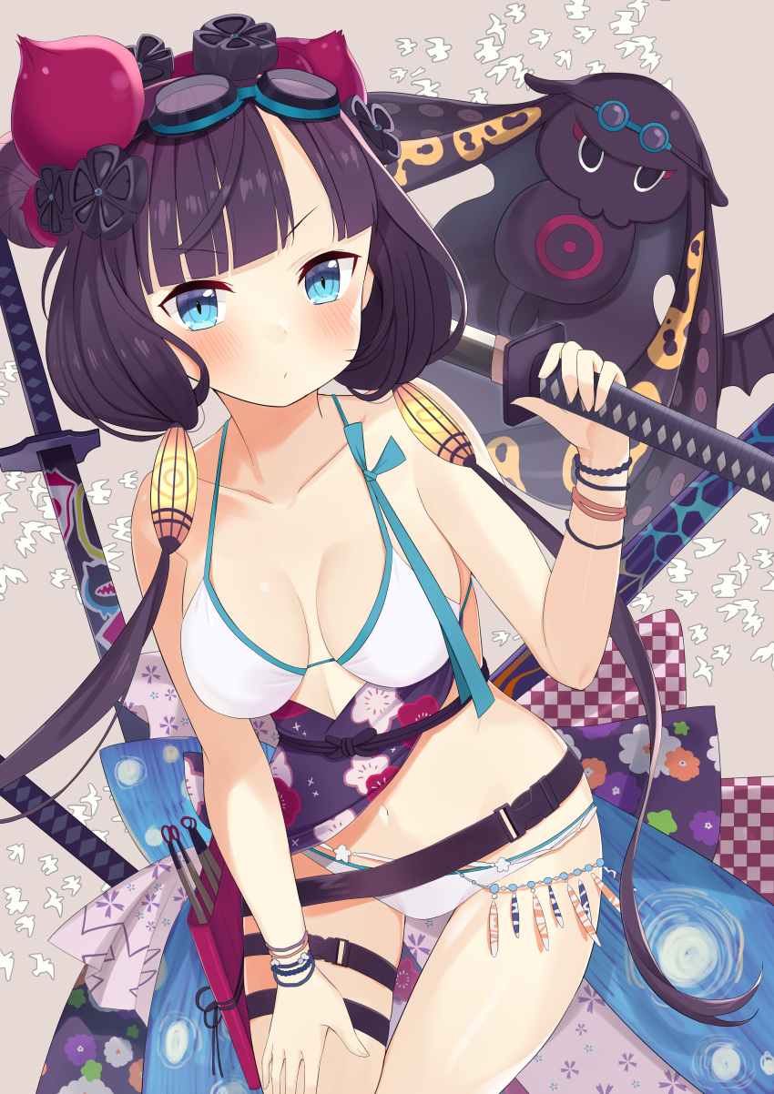 1girl absurdres bikini black_hair blue_eyes blush breasts closed_mouth eyebrows_visible_through_hair fate/grand_order fate_(series) goggles goggles_on_head highres holding holding_sword holding_weapon katsushika_hokusai_(fate) katsushika_hokusai_(swimsuit_saber)_(fate) large_breasts long_hair looking_at_viewer solo swimsuit sword tokitarou_(fate) tyoko_tanuki16 weapon white_bikini