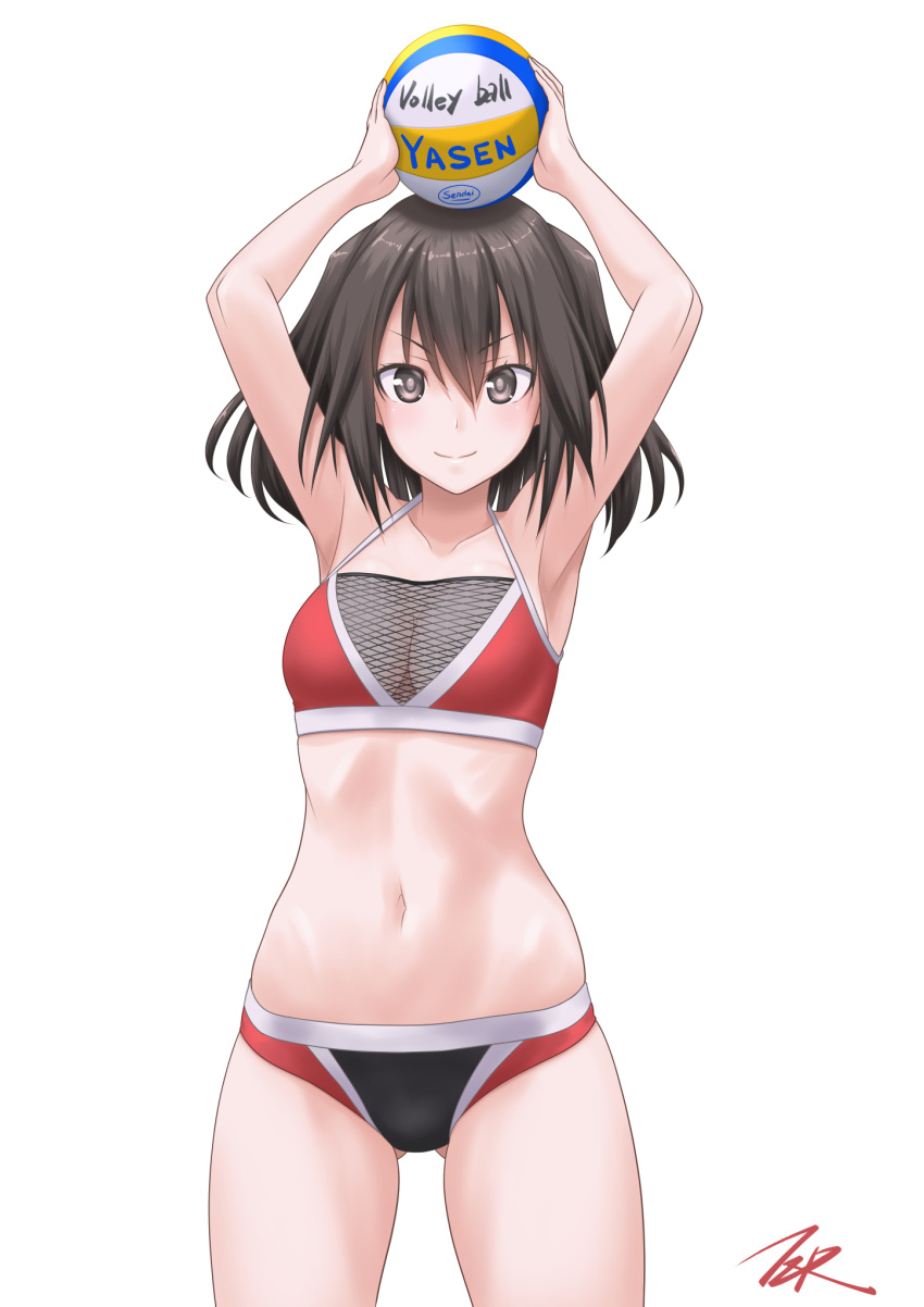 1girl arms_up ass_visible_through_thighs ball black_hair breasts brown_eyes cleavage collarbone commentary_request cowboy_shot highres kantai_collection looking_at_viewer medium_breasts mesh navel revision sendai_(kancolle) simple_background small_breasts smile solo split_mouth t2r two-tone_bikini two_side_up white_background
